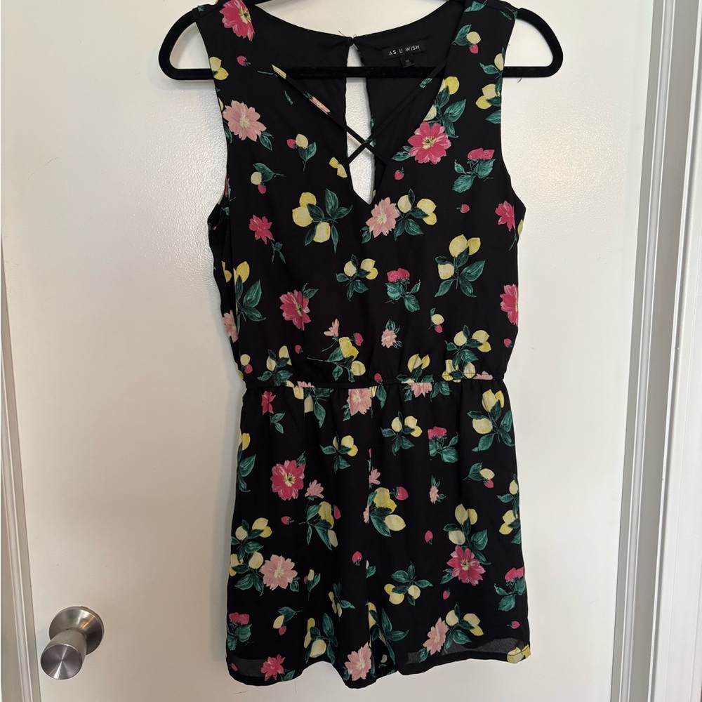 As U Wish Black Floral Girls' Romper with Pink & Yellow Blooms